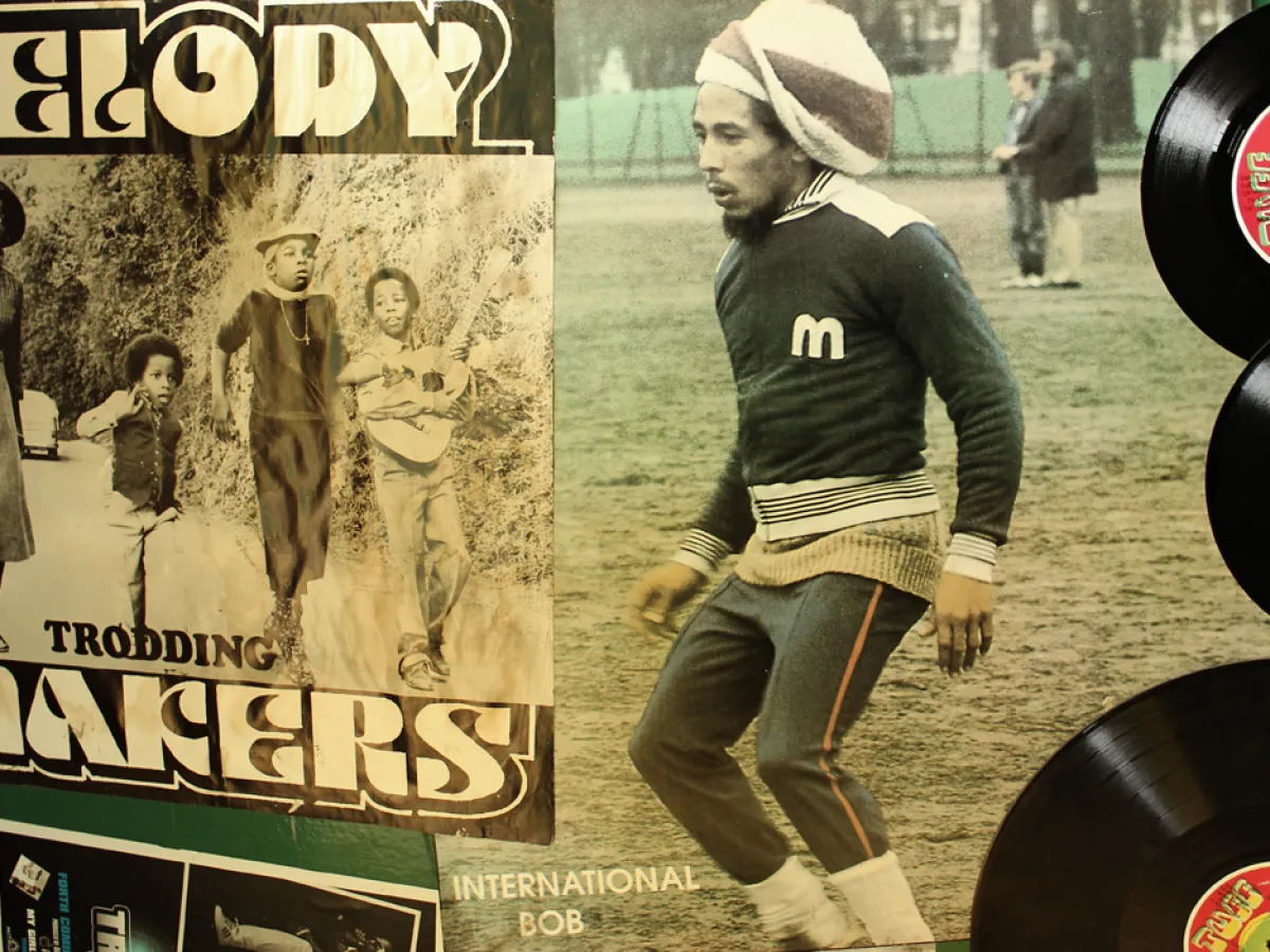 Posters of Bob Marley and other musicians at Tuff Gong