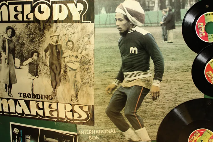 Posters of Bob Marley and other musicians at Tuff Gong