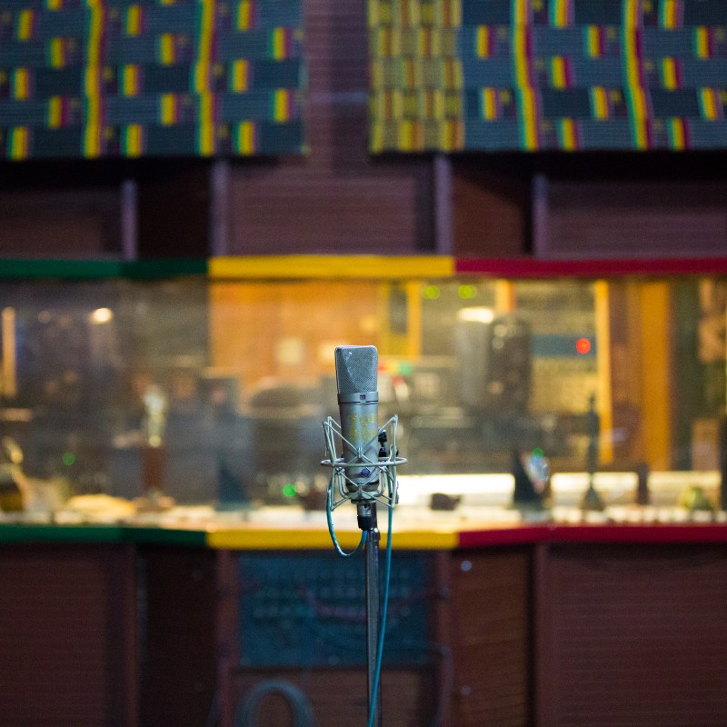 A microphone in the Tuff Gong record shop