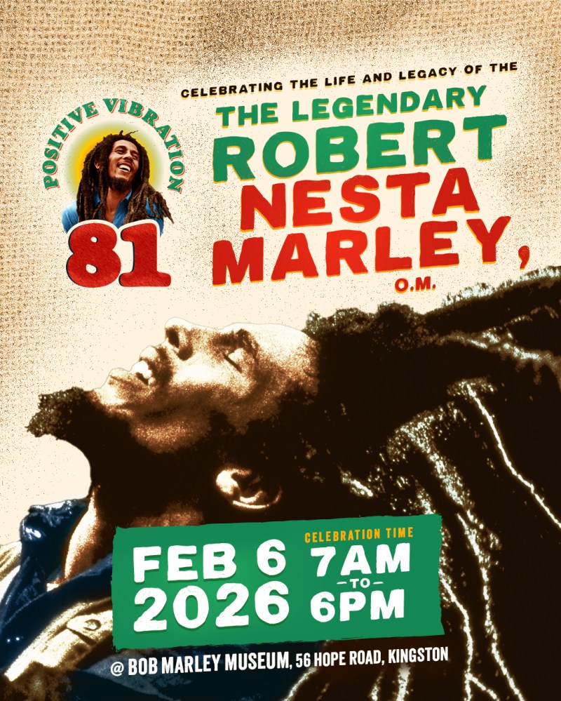 Event poster celebrating singer with dreadlocks, dated Feb 6, 2026, at Bob Marley Museum, Kingston, 7AM to 6PM.