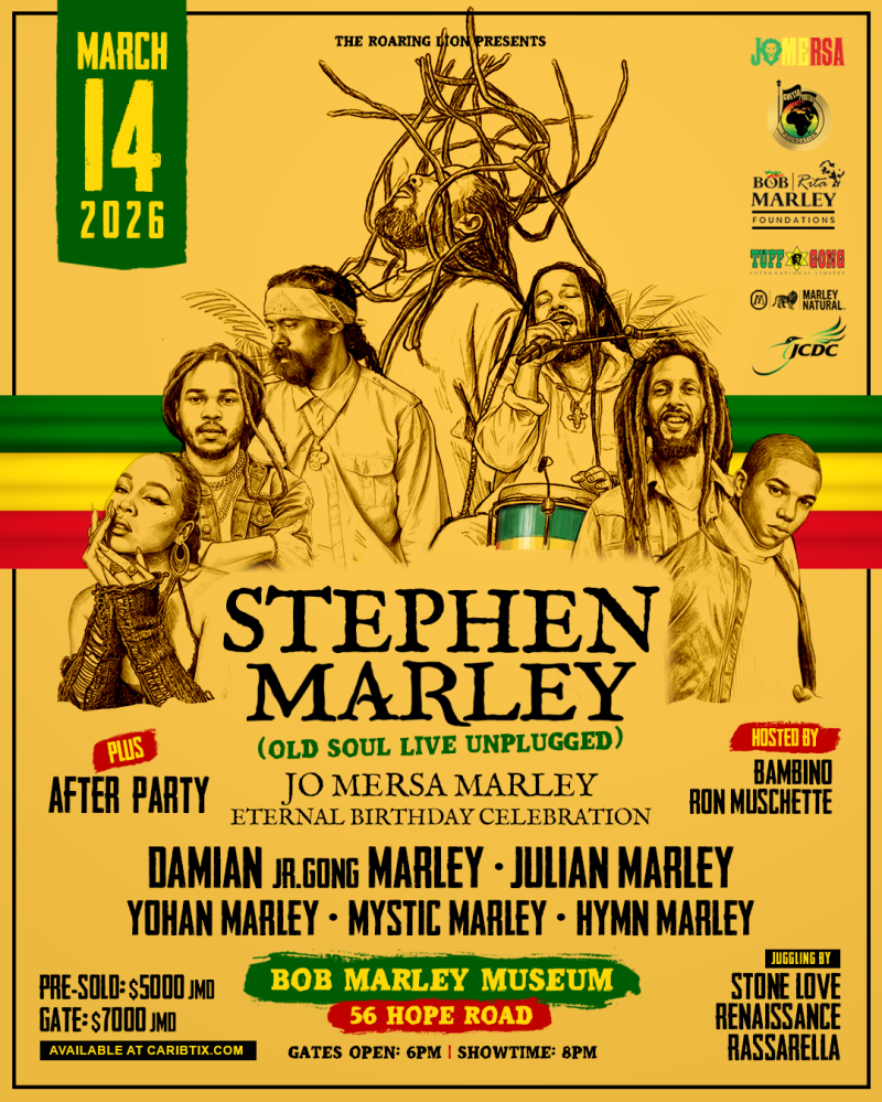 Poster for Stephen Marley concert at Bob Marley Museum on March 14, 2026, featuring other Marley family members.