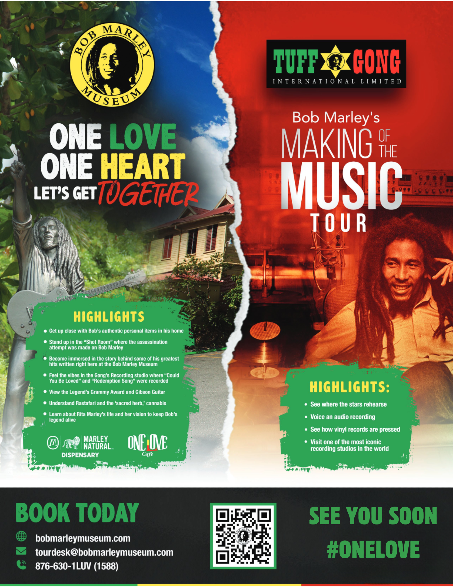Bob Marley Museum tour poster with images and tour highlights.
