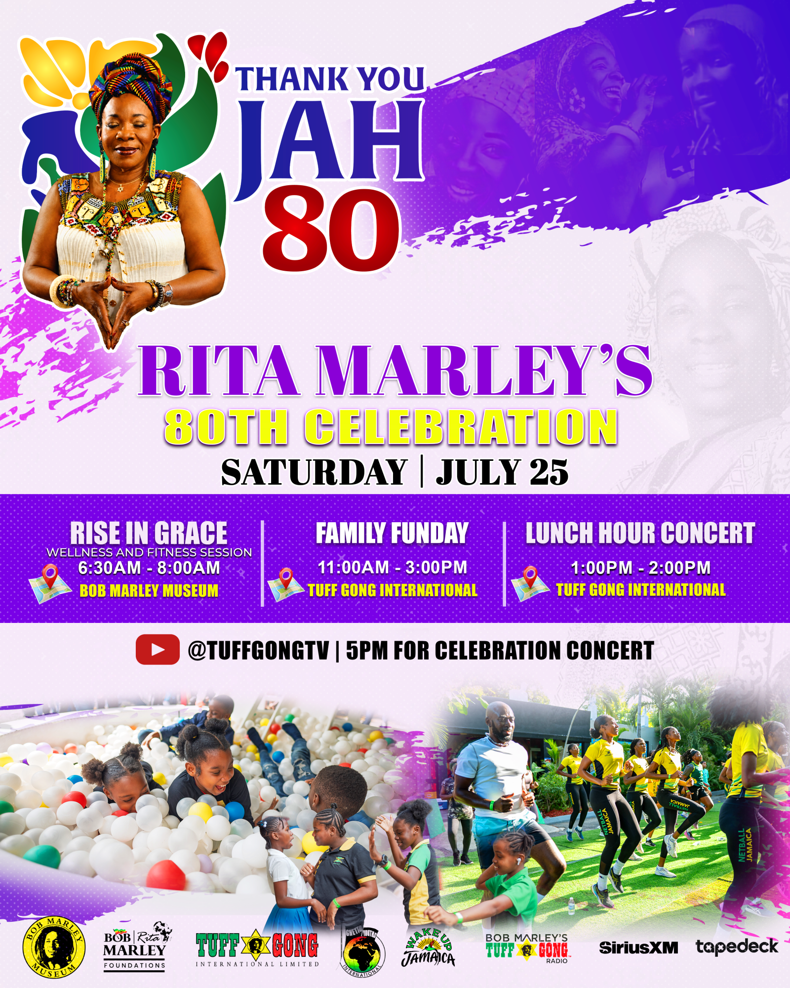 Rita Marley's 80th birthday celebration poster with event details and images.